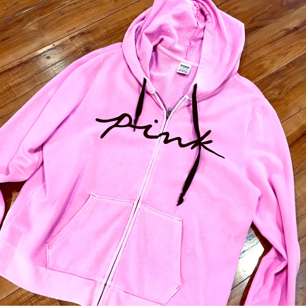 Victorias Secret Sweatshirt hoodie script logo front Bubble gum pink logo large